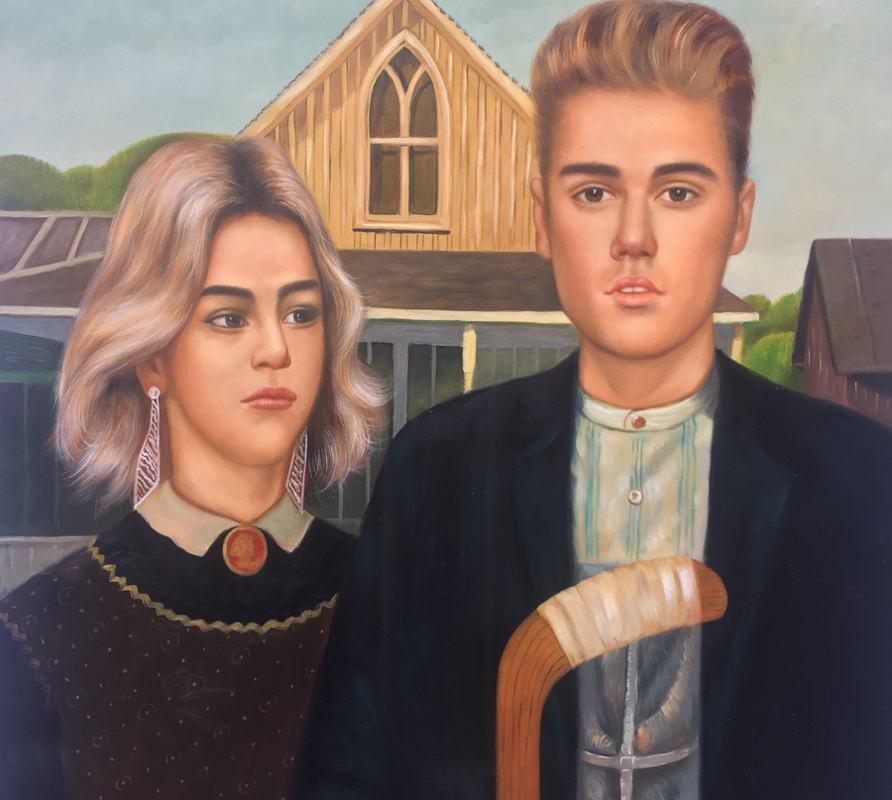 A couple painted into American Gothic
