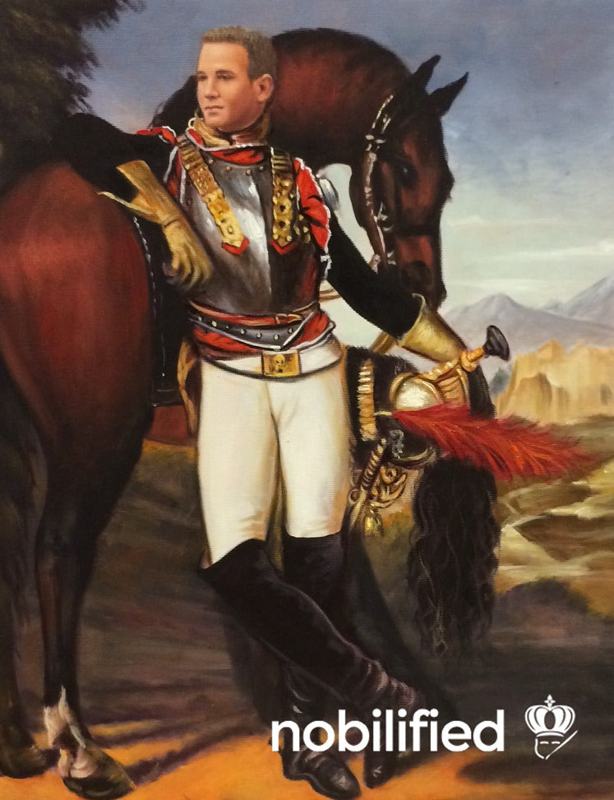 Painted beside his horse in cavalry dress