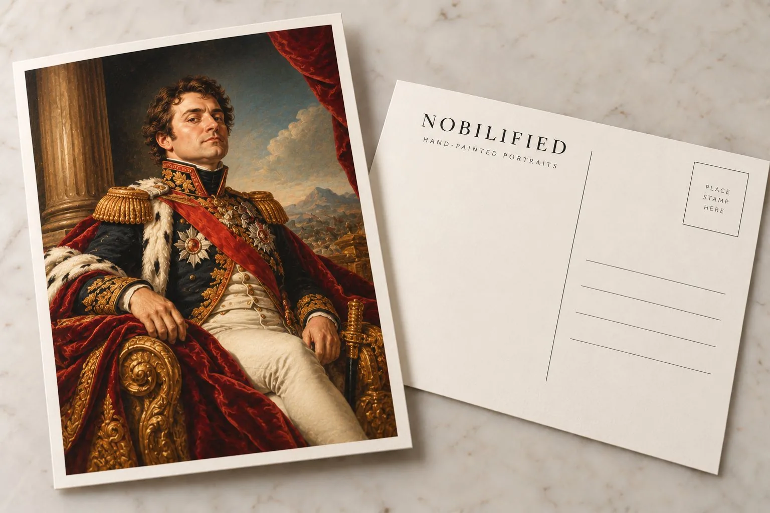 A Nobilified postcard of a man painted as an emperor, with the printed back beside it
