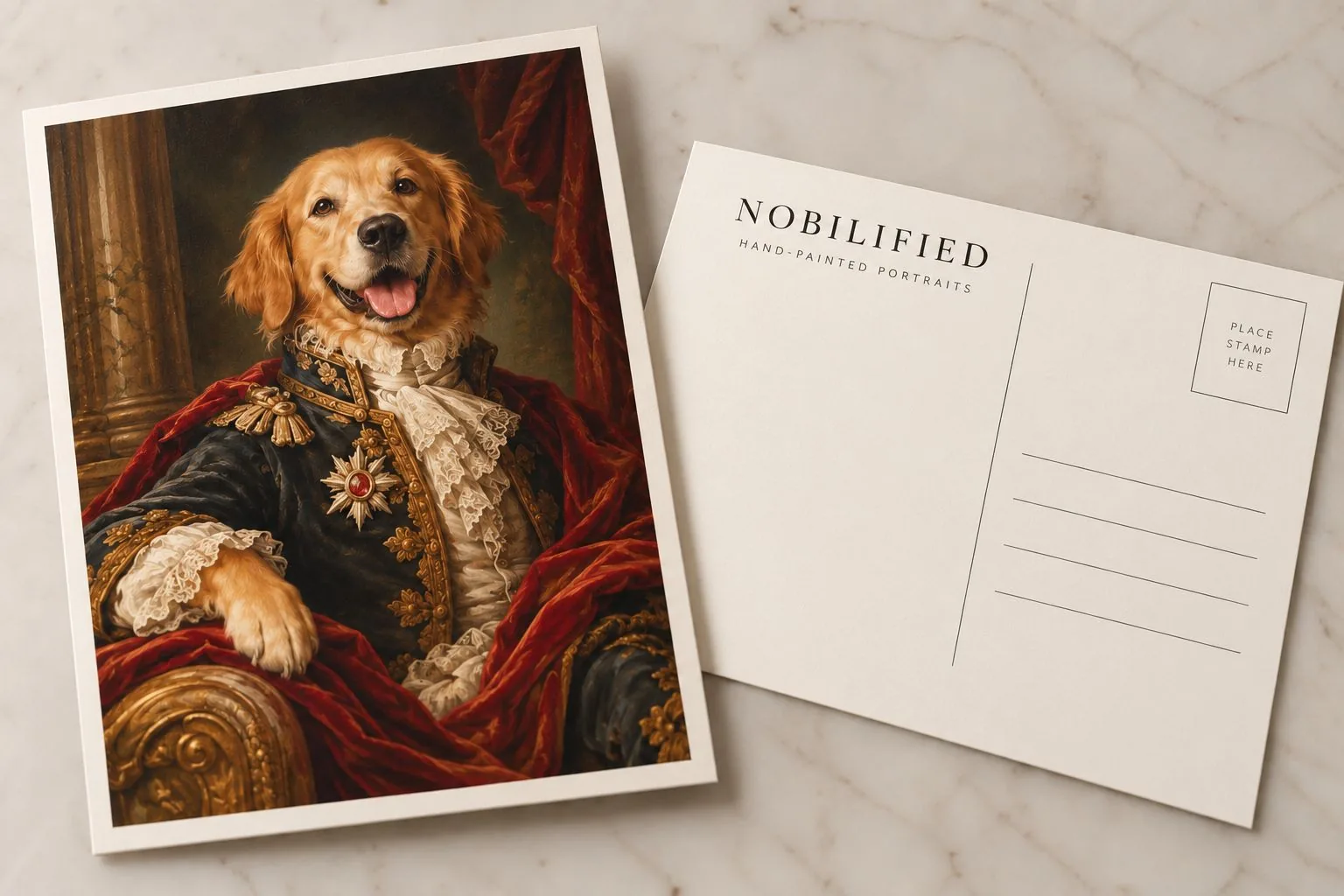 A Nobilified postcard of a golden retriever painted as a nobleman, with the printed back beside it