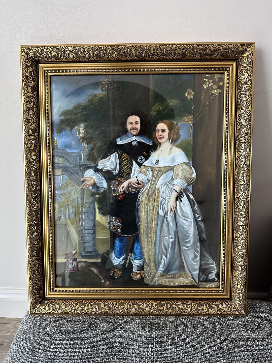 A couple, painted in the Dutch Golden Age manner